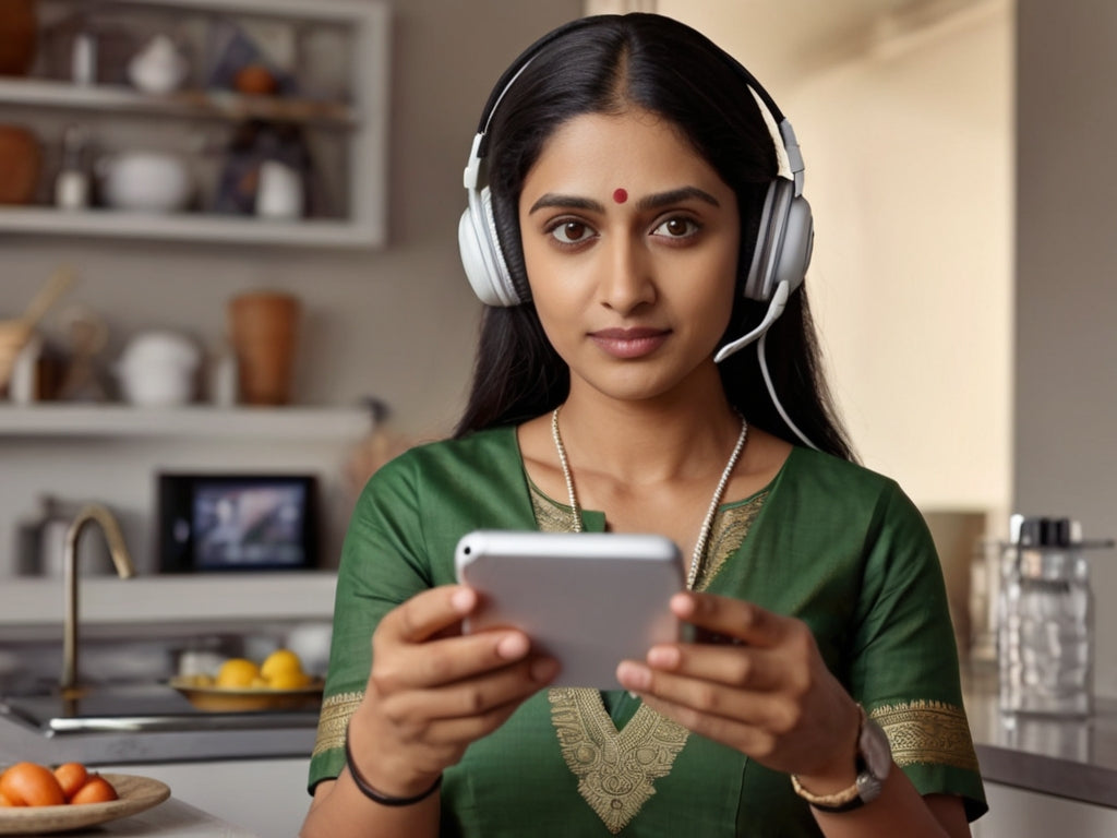 South Asian woman in modern salwar kameez using a digital tablet and headphones while managing a well-organized kitchen. Explore a wide range of home essentials and utilities for your everyday needs at MummyJio.